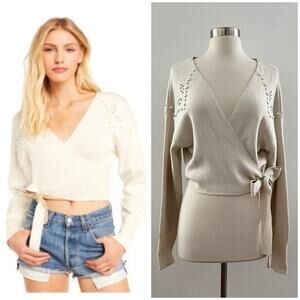 Wildfox Wilder Pearl Tie Wrap Sweater Embellished Beaded Cropped Cream Large NWT